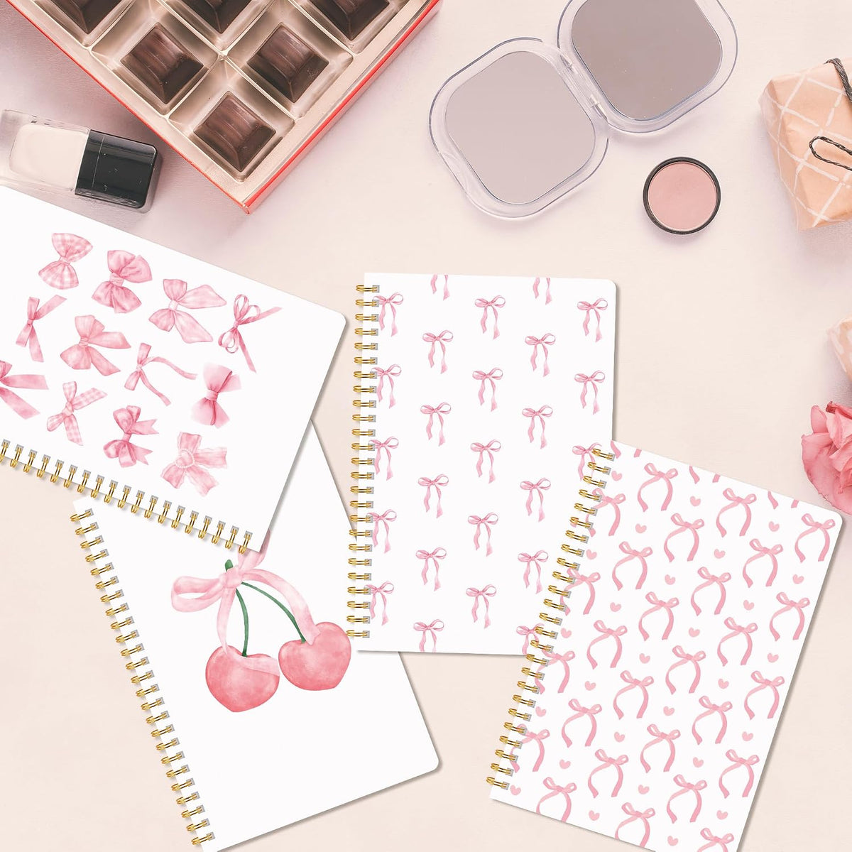 Pink Spiral Journal Notebook, 4Pcs A5 Watercolor Coquette Bow Cherry