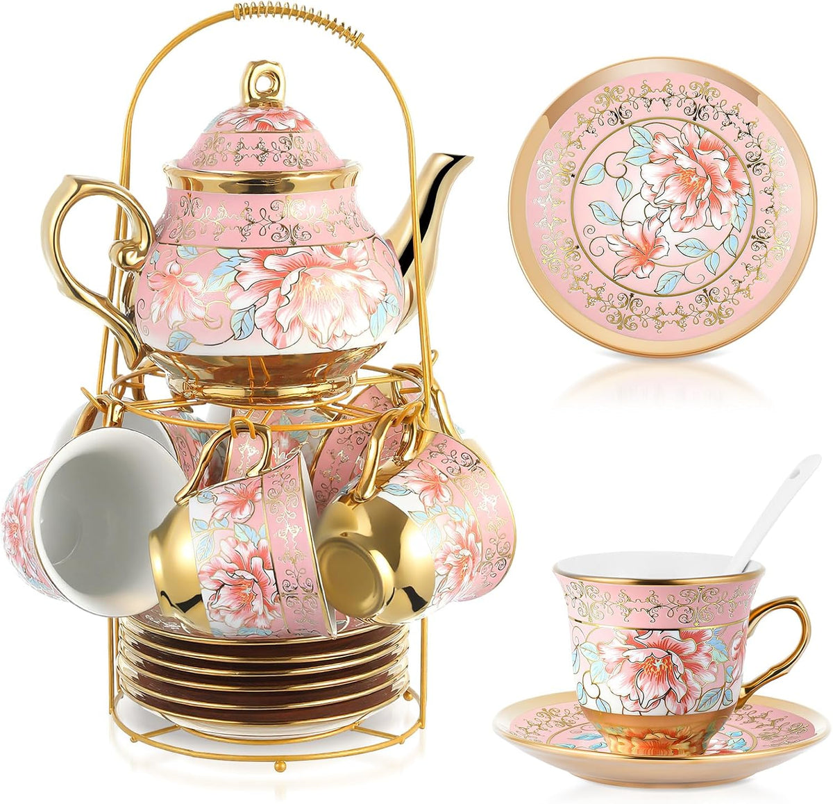 20 Pcs Porcelain Tea Set for Adult, with Metal Holder, Pink