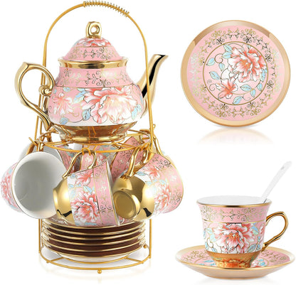 20 Pcs Porcelain Tea Set for Adult, with Metal Holder, Pink