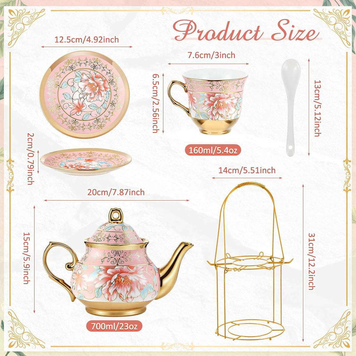 20 Pcs Porcelain Tea Set for Adult, with Metal Holder, Pink
