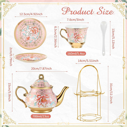 20 Pcs Porcelain Tea Set for Adult, with Metal Holder, Pink