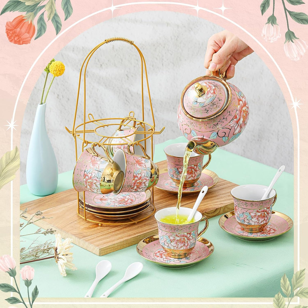 20 Pcs Porcelain Tea Set for Adult, with Metal Holder, Pink