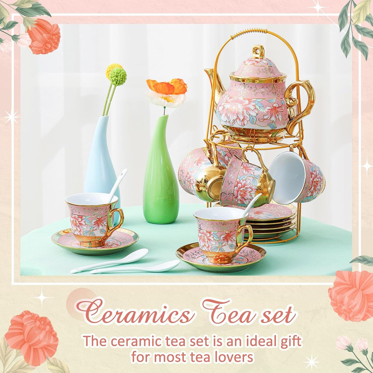 20 Pcs Porcelain Tea Set for Adult, with Metal Holder, Pink