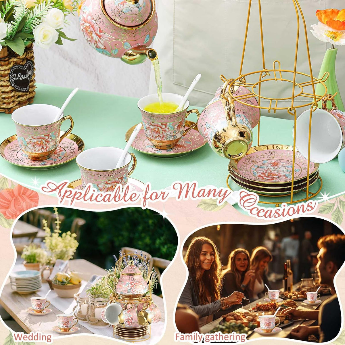20 Pcs Porcelain Tea Set for Adult, with Metal Holder, Pink