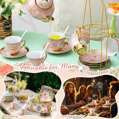 20 Pcs Porcelain Tea Set for Adult, with Metal Holder, Pink