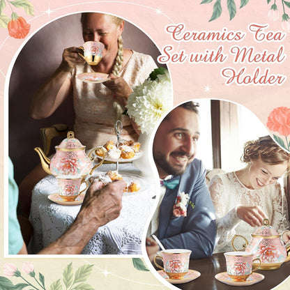 20 Pcs Porcelain Tea Set for Adult, with Metal Holder, Pink