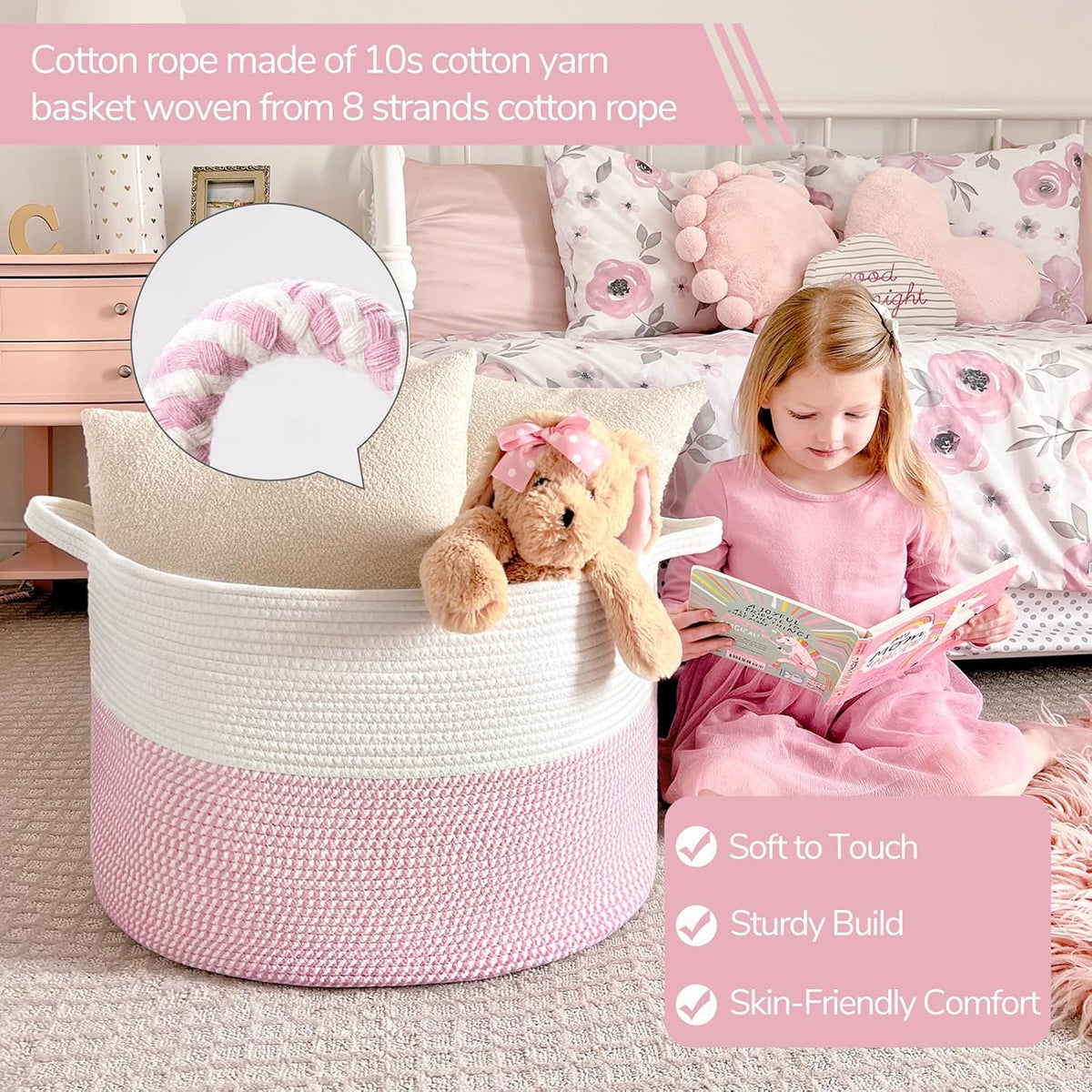 XXXLarge Woven Rope Blanket Basket Living Room Pink, 90L