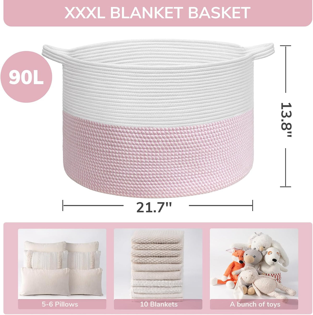 XXXLarge Woven Rope Blanket Basket Living Room Pink, 90L