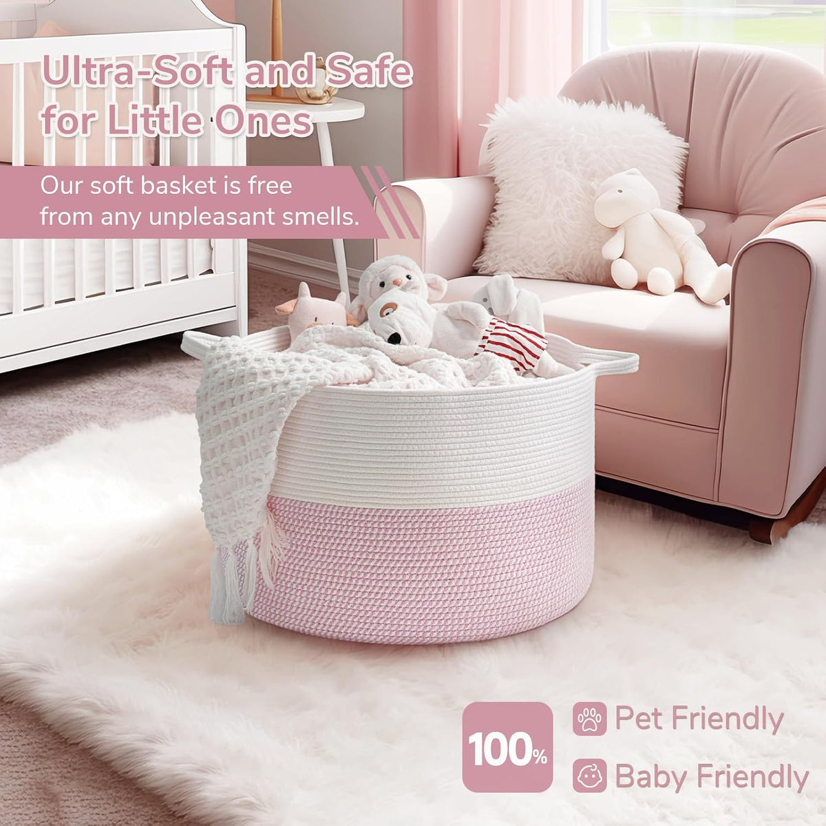 XXXLarge Woven Rope Blanket Basket Living Room Pink, 90L