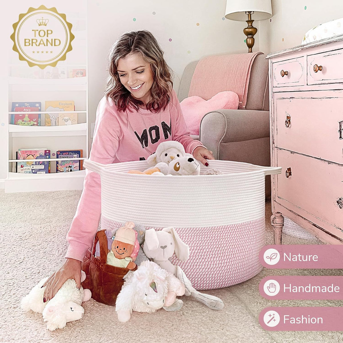 XXXLarge Woven Rope Blanket Basket Living Room Pink, 90L