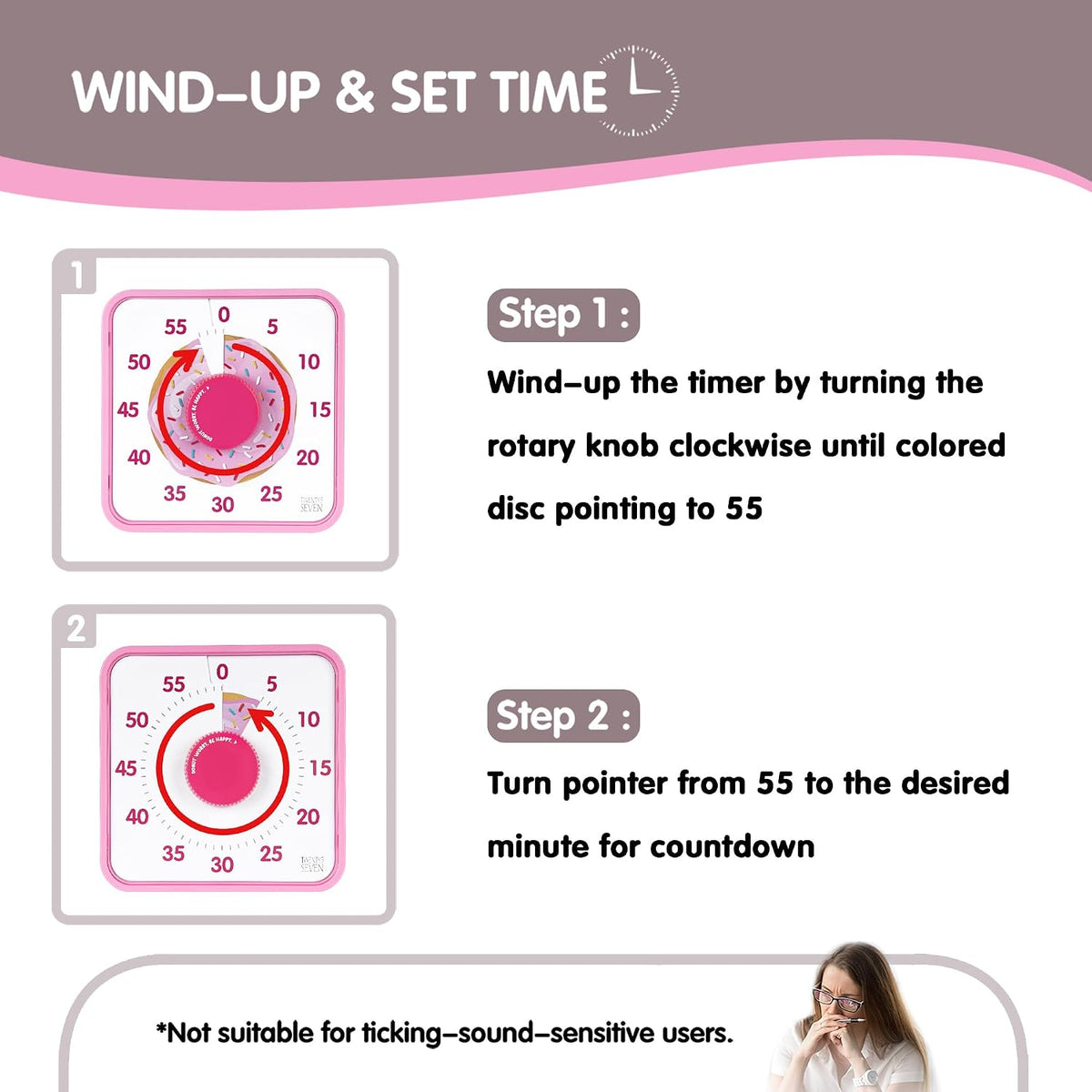 Countdown Timer 7.5 inch, 60 Minute 1 Hour Visual Timer for Classroom Teaching Tool Office Meeting, Mechanical Countdown Clock for Kids Exam Time Management Magnetic, Pink Donut