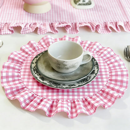 6 Pcs Ruffled Placemats 15 Inch Pink Plaid Gingham Table Mats Decorative Washable Round Place Mats for Farmhouse Home Kitchen Dining Holiday Party Table Decor
