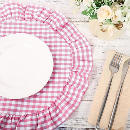 6 Pcs Ruffled Placemats 15 Inch Pink Plaid Gingham Table Mats Decorative Washable Round Place Mats for Farmhouse Home Kitchen Dining Holiday Party Table Decor