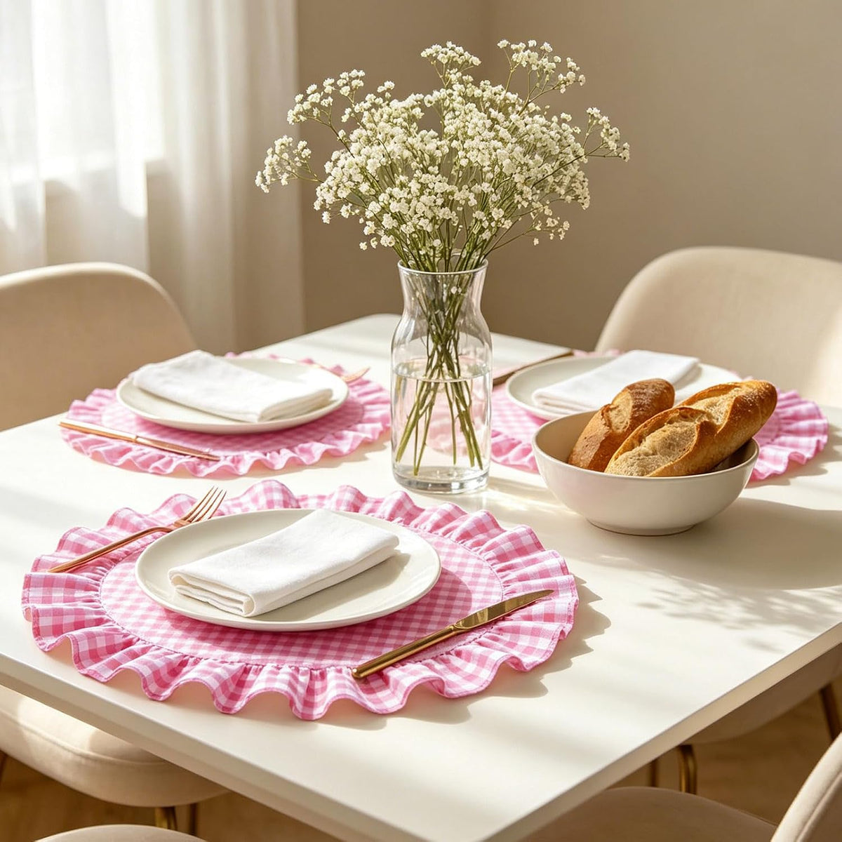 6 Pcs Ruffled Placemats 15 Inch Pink Plaid Gingham Table Mats Decorative Washable Round Place Mats for Farmhouse Home Kitchen Dining Holiday Party Table Decor