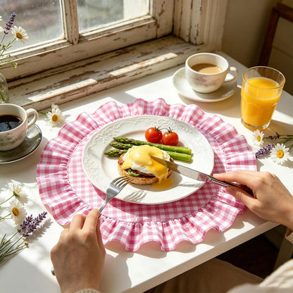 6 Pcs Ruffled Placemats 15 Inch Pink Plaid Gingham Table Mats Decorative Washable Round Place Mats for Farmhouse Home Kitchen Dining Holiday Party Table Decor