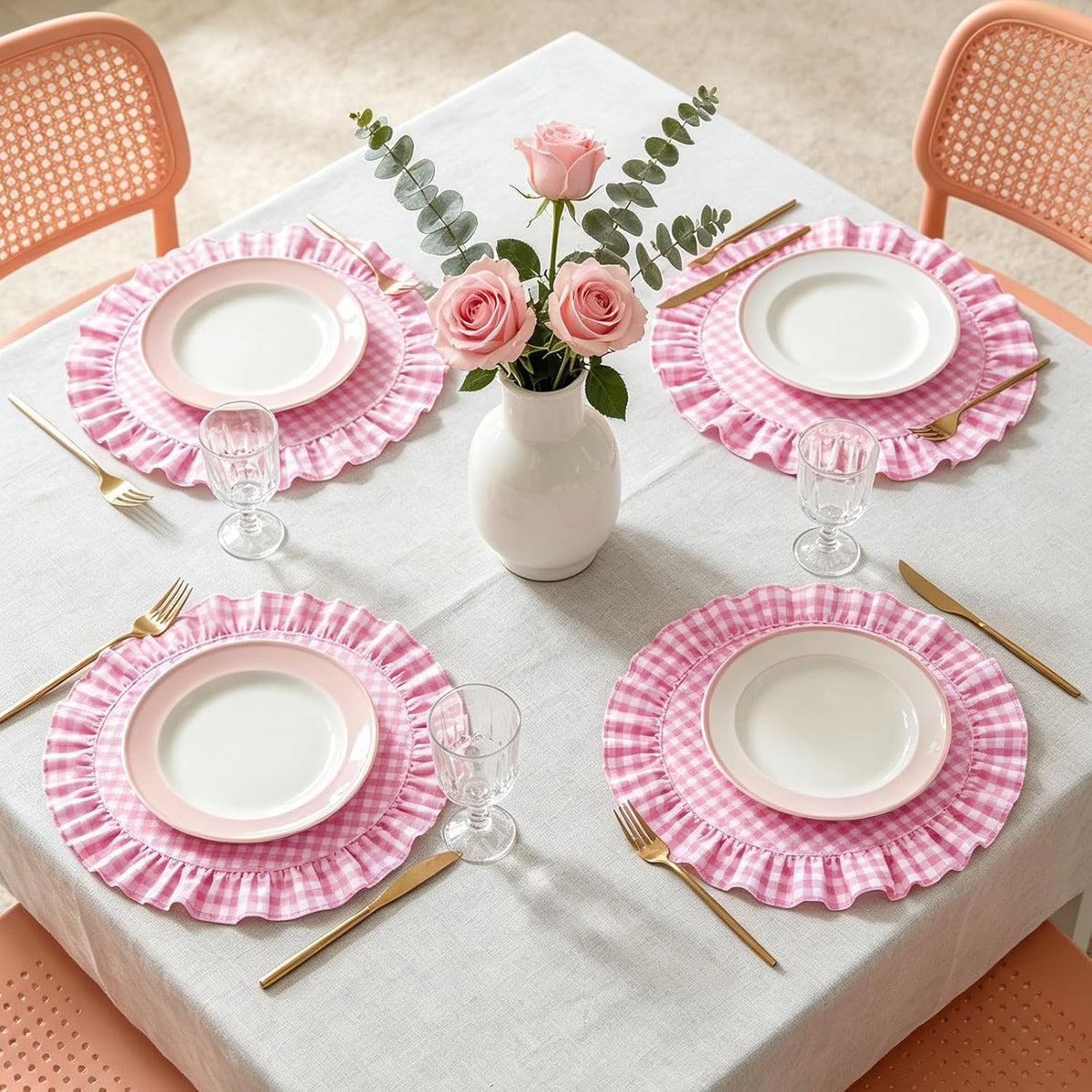 6 Pcs Ruffled Placemats 15 Inch Pink Plaid Gingham Table Mats Decorative Washable Round Place Mats for Farmhouse Home Kitchen Dining Holiday Party Table Decor