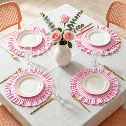 6 Pcs Ruffled Placemats 15 Inch Pink Plaid Gingham Table Mats Decorative Washable Round Place Mats for Farmhouse Home Kitchen Dining Holiday Party Table Decor
