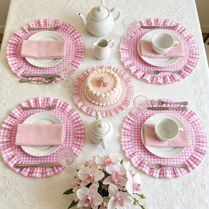 6 Pcs Ruffled Placemats 15 Inch Pink Plaid Gingham Table Mats Decorative Washable Round Place Mats for Farmhouse Home Kitchen Dining Holiday Party Table Decor