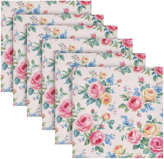 ALAZA Pink Rose & Blue Flower Floral Cloth Napkins Dinner Napkins Set of 6,Reusable Table Napkins Washable Polyester Fabric for Cocktail Party Holiday Wedding Home Decorative