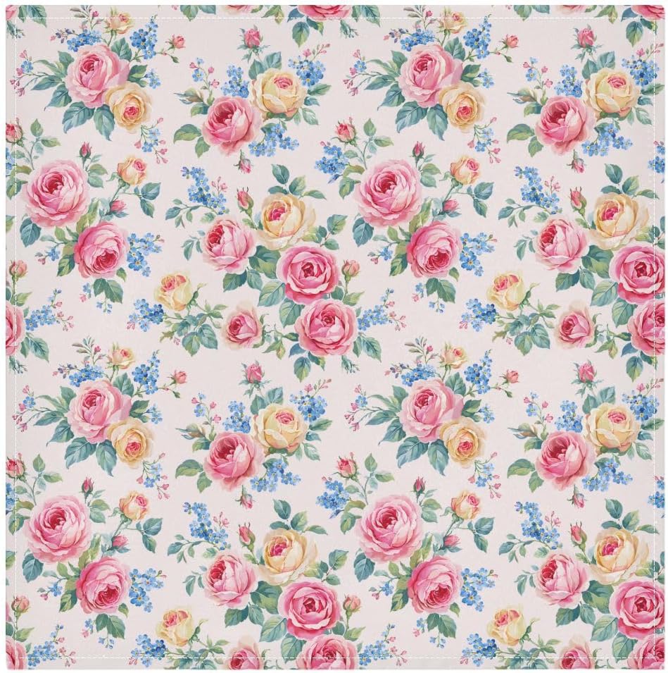 ALAZA Pink Rose & Blue Flower Floral Cloth Napkins Dinner Napkins Set of 6,Reusable Table Napkins Washable Polyester Fabric for Cocktail Party Holiday Wedding Home Decorative