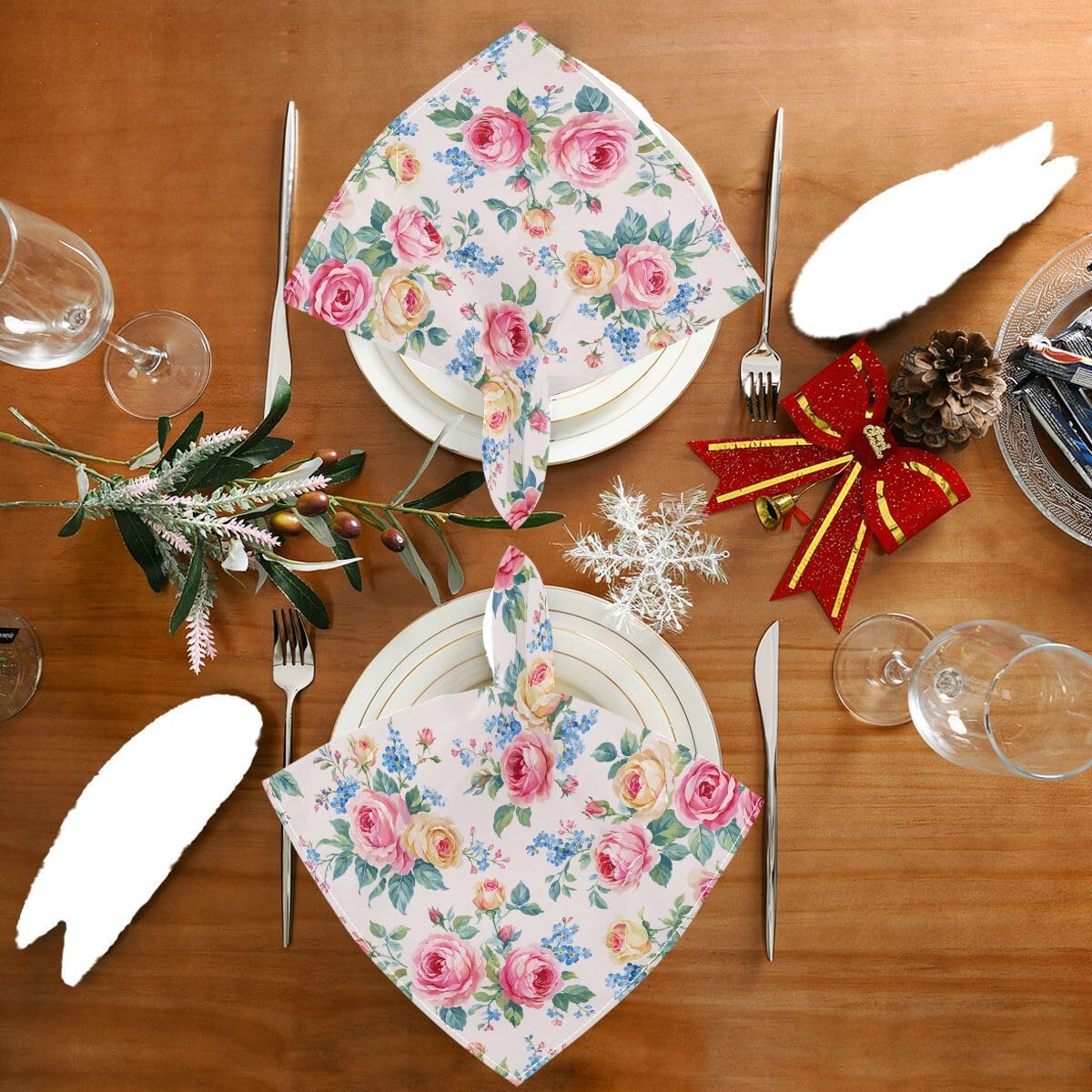 ALAZA Pink Rose & Blue Flower Floral Cloth Napkins Dinner Napkins Set of 6,Reusable Table Napkins Washable Polyester Fabric for Cocktail Party Holiday Wedding Home Decorative