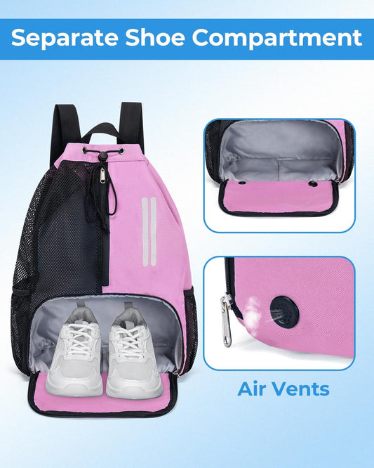 Swim Bag Drawstring Backpack with Shoe Compartment & Wet Pocket (Pink)