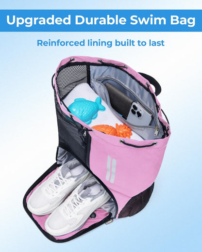 Swim Bag Drawstring Backpack with Shoe Compartment & Wet Pocket (Pink)