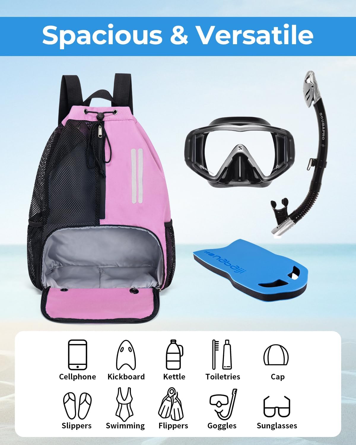 Swim Bag Drawstring Backpack with Shoe Compartment & Wet Pocket (Pink)