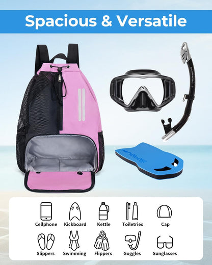 Swim Bag Drawstring Backpack with Shoe Compartment & Wet Pocket (Pink)
