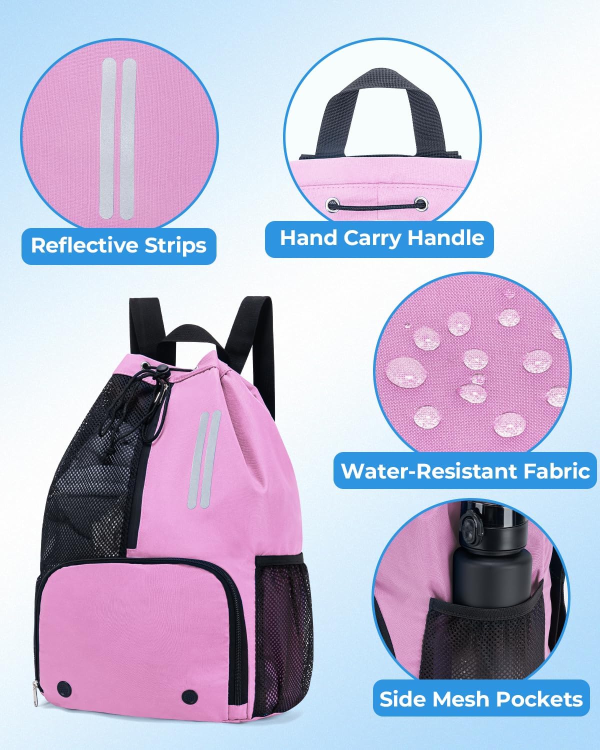 Swim Bag Drawstring Backpack with Shoe Compartment & Wet Pocket (Pink)