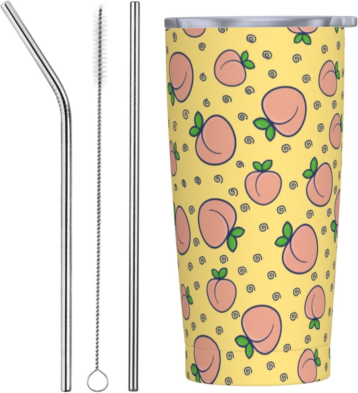 Watercolor Peach And Leaves Pattern Tumbler With Lid And Straw 20 Oz Stainless Steel Coffee Mug Car Cup For Travel Office Outdoor
