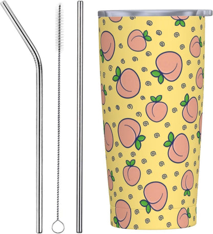 Watercolor Peach And Leaves Pattern Tumbler With Lid And Straw 20 Oz Stainless Steel Coffee Mug Car Cup For Travel Office Outdoor