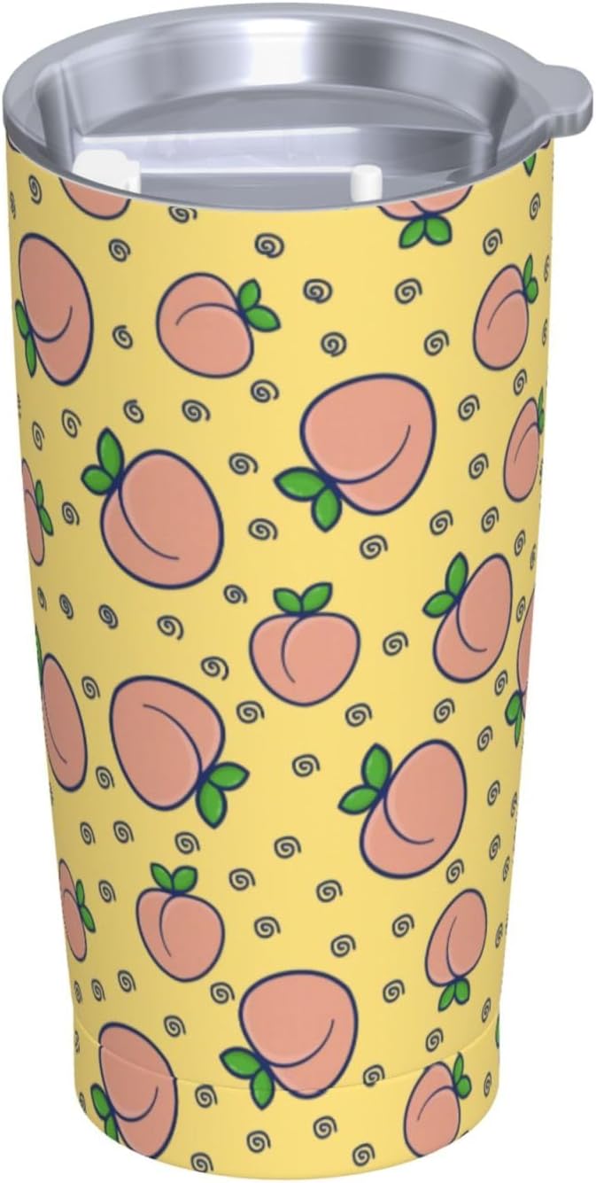 Watercolor Peach And Leaves Pattern Tumbler With Lid And Straw 20 Oz Stainless Steel Coffee Mug Car Cup For Travel Office Outdoor