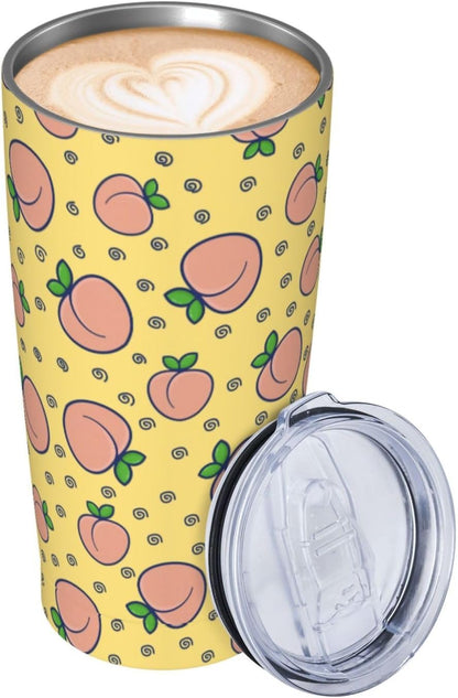 Watercolor Peach And Leaves Pattern Tumbler With Lid And Straw 20 Oz Stainless Steel Coffee Mug Car Cup For Travel Office Outdoor