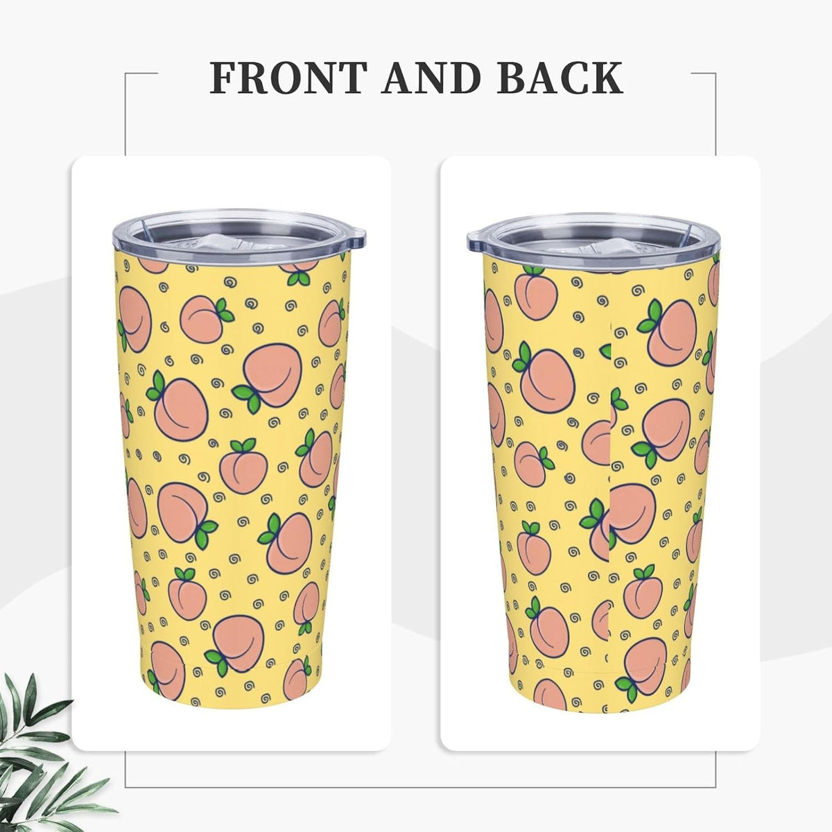 Watercolor Peach And Leaves Pattern Tumbler With Lid And Straw 20 Oz Stainless Steel Coffee Mug Car Cup For Travel Office Outdoor