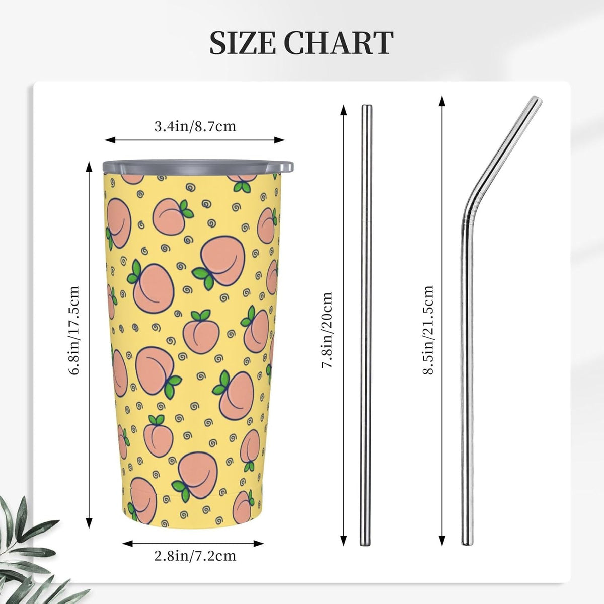 Watercolor Peach And Leaves Pattern Tumbler With Lid And Straw 20 Oz Stainless Steel Coffee Mug Car Cup For Travel Office Outdoor
