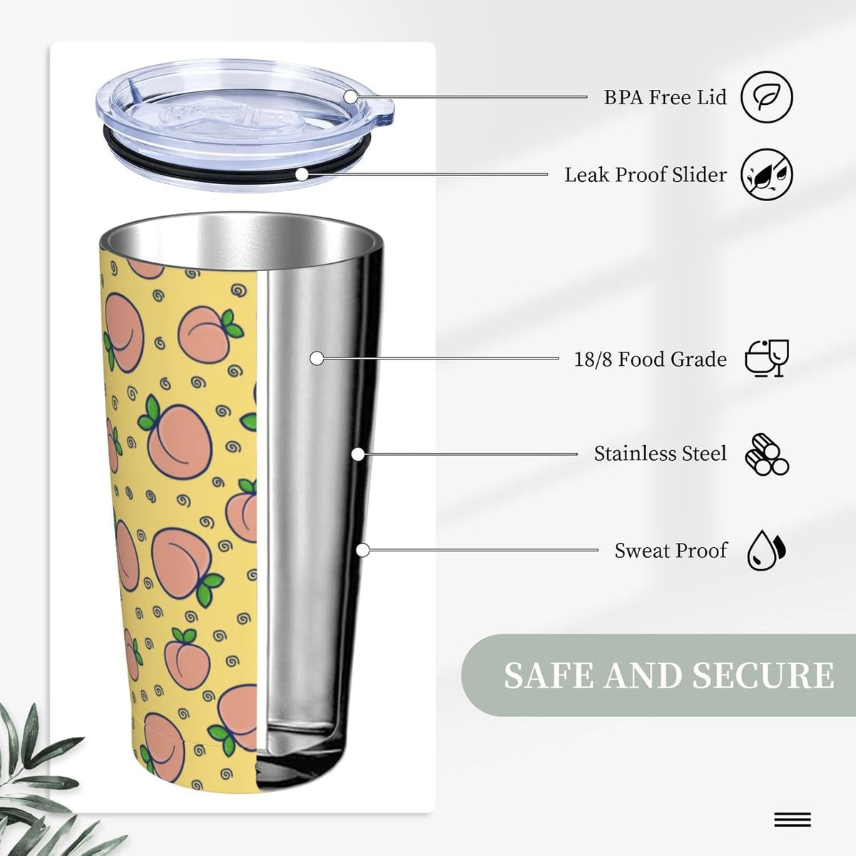 Watercolor Peach And Leaves Pattern Tumbler With Lid And Straw 20 Oz Stainless Steel Coffee Mug Car Cup For Travel Office Outdoor
