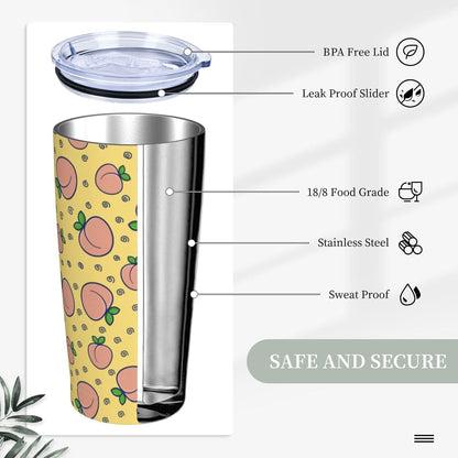 Watercolor Peach And Leaves Pattern Tumbler With Lid And Straw 20 Oz Stainless Steel Coffee Mug Car Cup For Travel Office Outdoor