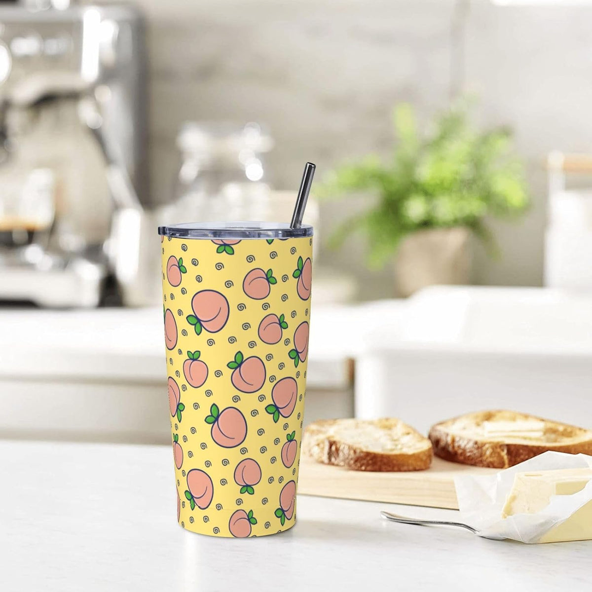 Watercolor Peach And Leaves Pattern Tumbler With Lid And Straw 20 Oz Stainless Steel Coffee Mug Car Cup For Travel Office Outdoor
