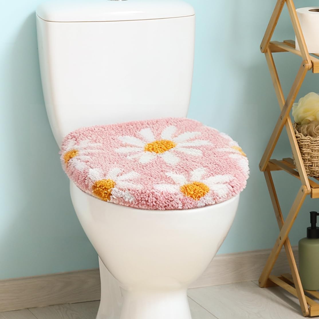 Pink flower bathroom toilet lid, cute daisy toilet lid cover, machine washable, beautiful and soft bathroom decoration suitable for most round, oval and long toilet seats (Pink)
