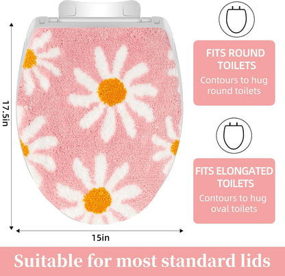 Pink flower bathroom toilet lid, cute daisy toilet lid cover, machine washable, beautiful and soft bathroom decoration suitable for most round, oval and long toilet seats (Pink)