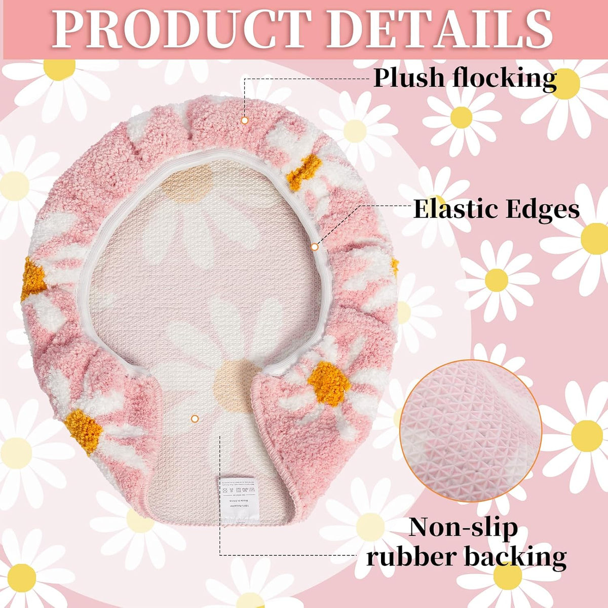 Pink flower bathroom toilet lid, cute daisy toilet lid cover, machine washable, beautiful and soft bathroom decoration suitable for most round, oval and long toilet seats (Pink)