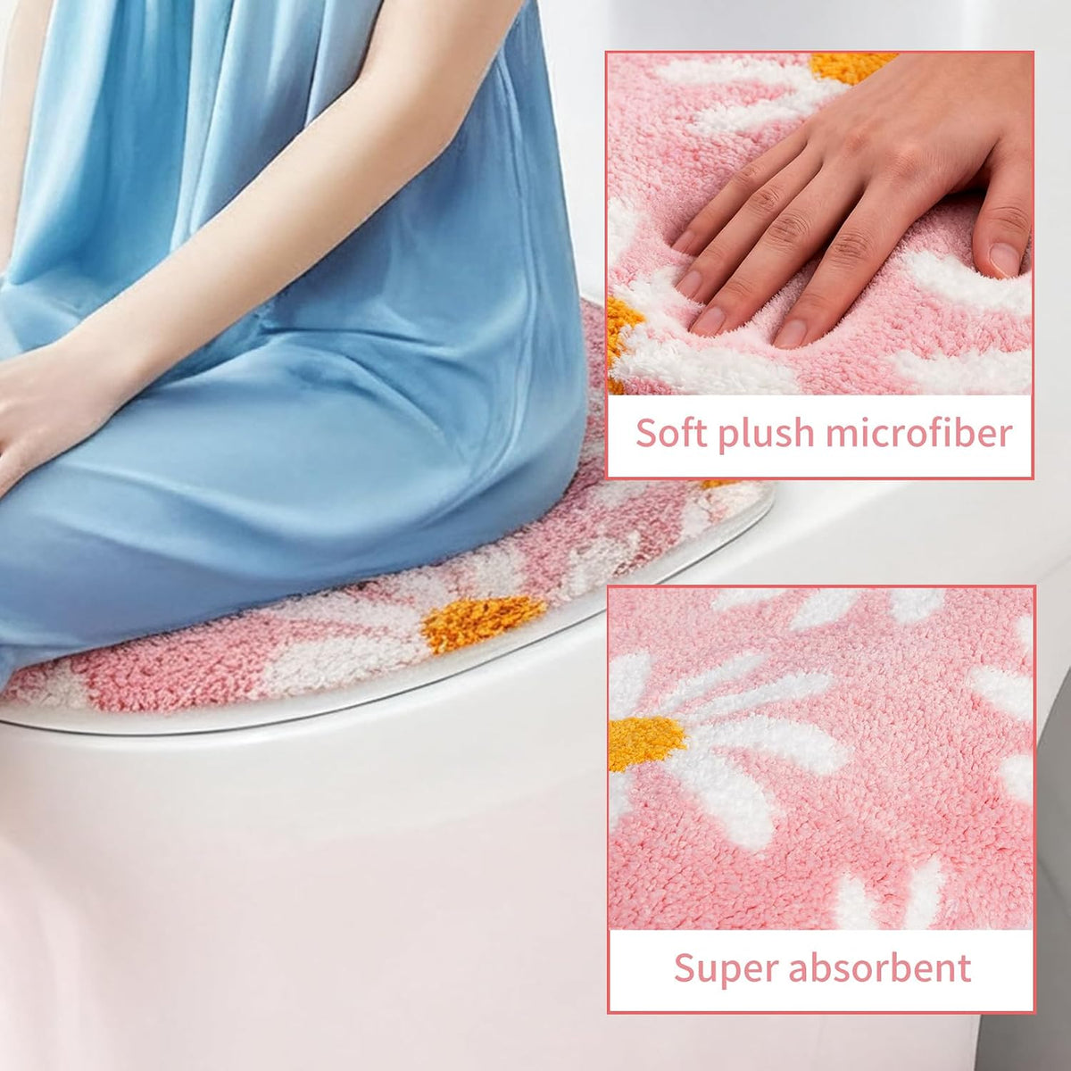 Pink flower bathroom toilet lid, cute daisy toilet lid cover, machine washable, beautiful and soft bathroom decoration suitable for most round, oval and long toilet seats (Pink)