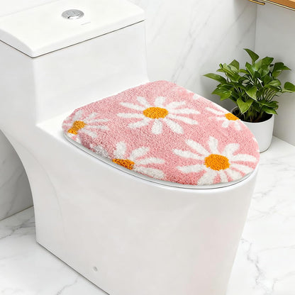 Pink flower bathroom toilet lid, cute daisy toilet lid cover, machine washable, beautiful and soft bathroom decoration suitable for most round, oval and long toilet seats (Pink)