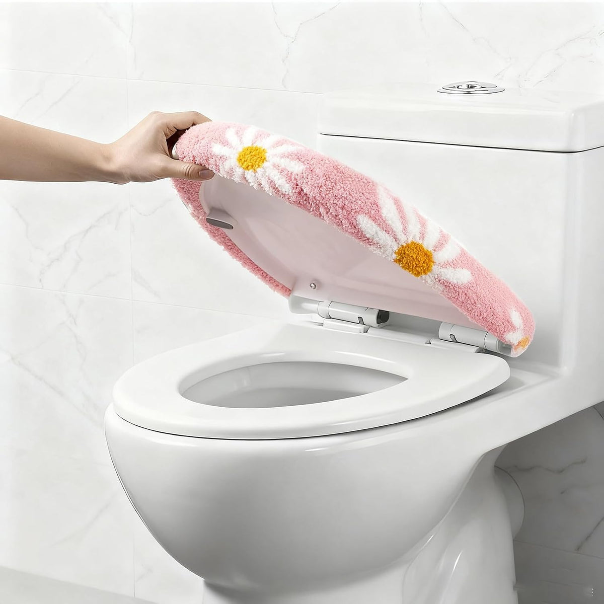 Pink flower bathroom toilet lid, cute daisy toilet lid cover, machine washable, beautiful and soft bathroom decoration suitable for most round, oval and long toilet seats (Pink)