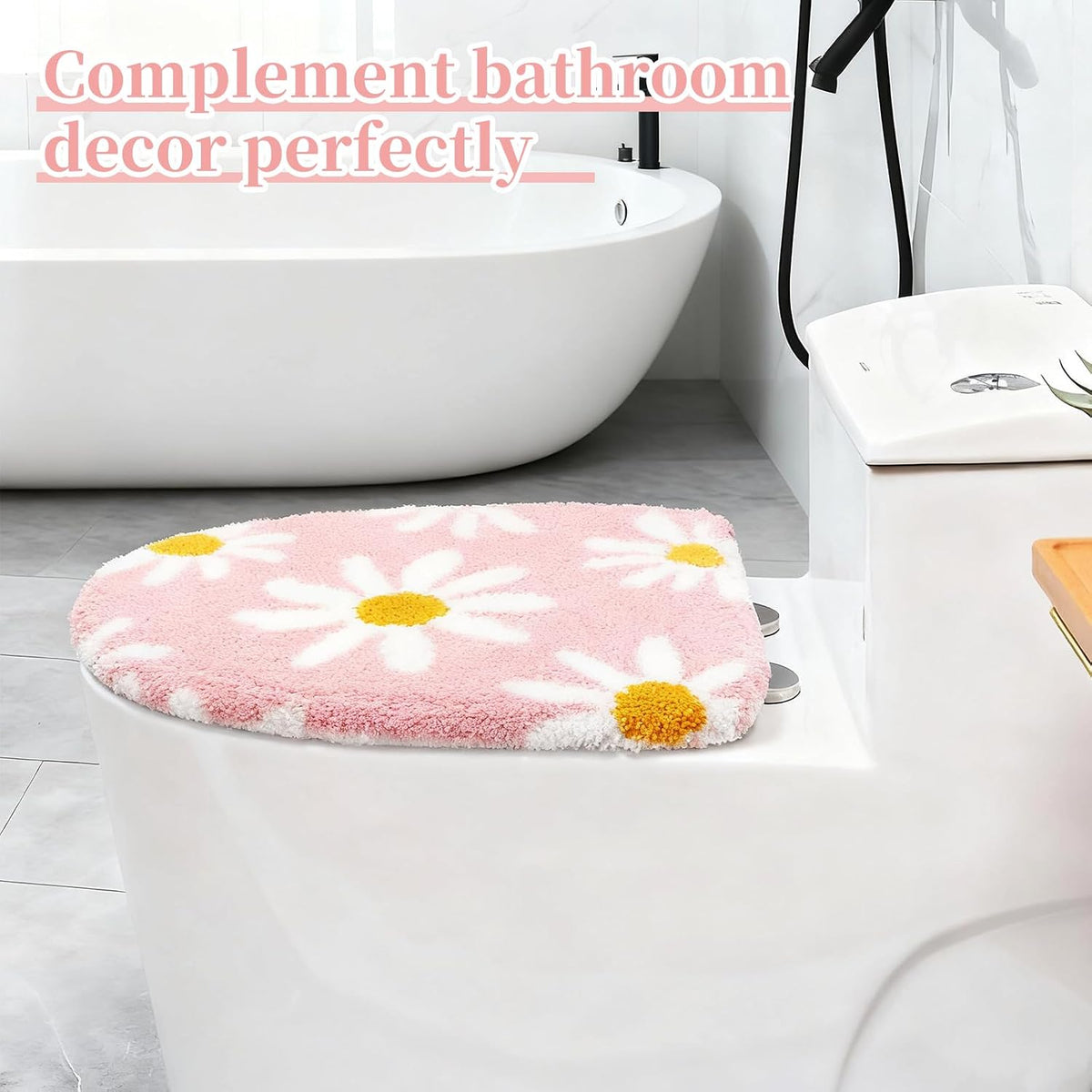Pink flower bathroom toilet lid, cute daisy toilet lid cover, machine washable, beautiful and soft bathroom decoration suitable for most round, oval and long toilet seats (Pink)