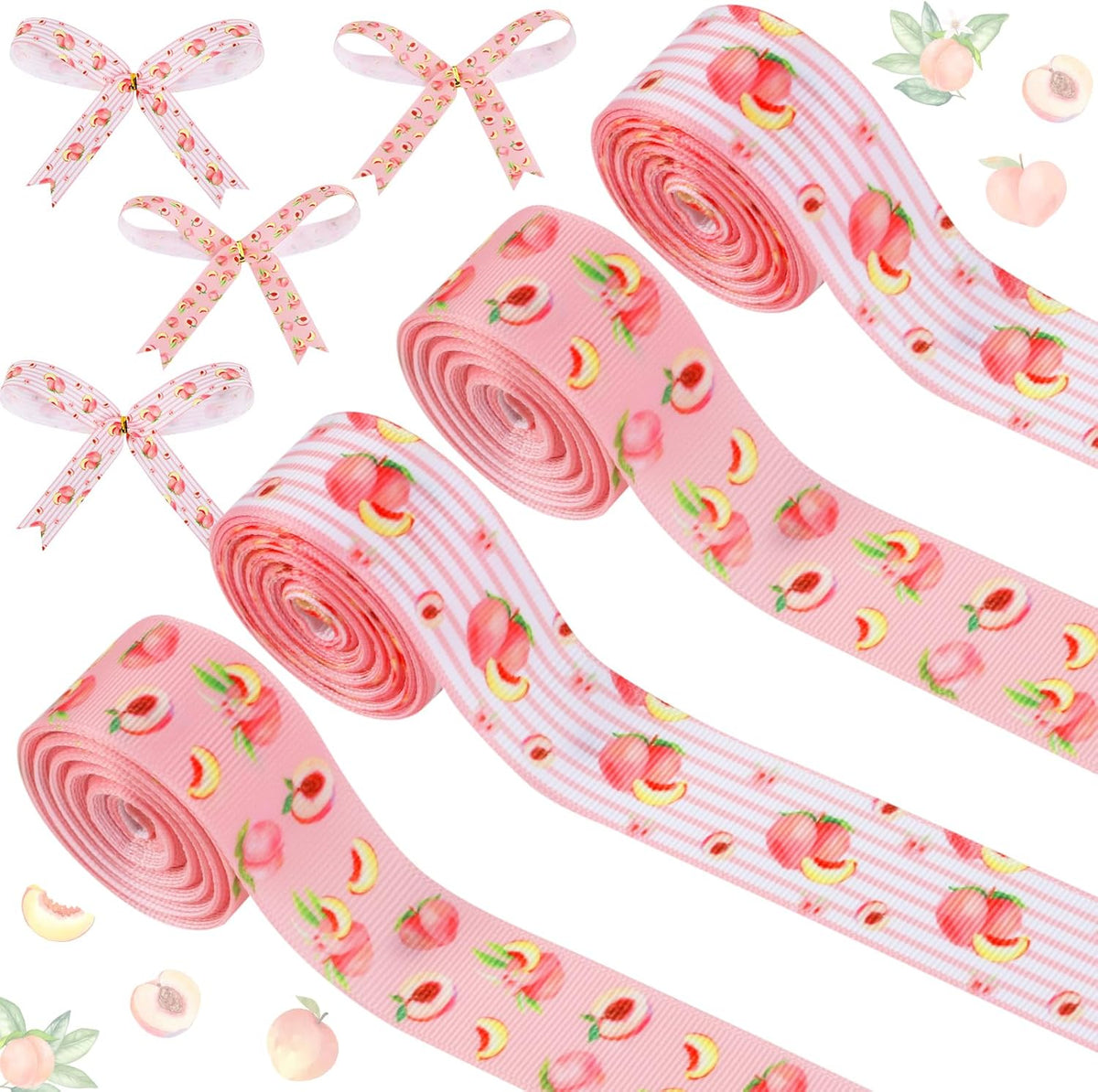 4 Rolls Peach Theme Grosgrain Ribbons, 20 Yards for Wreaths, Hair Bows, Gifts, Packaging, Fruit Themed Gender Reveal, Birthday, Wedding, Home Decor