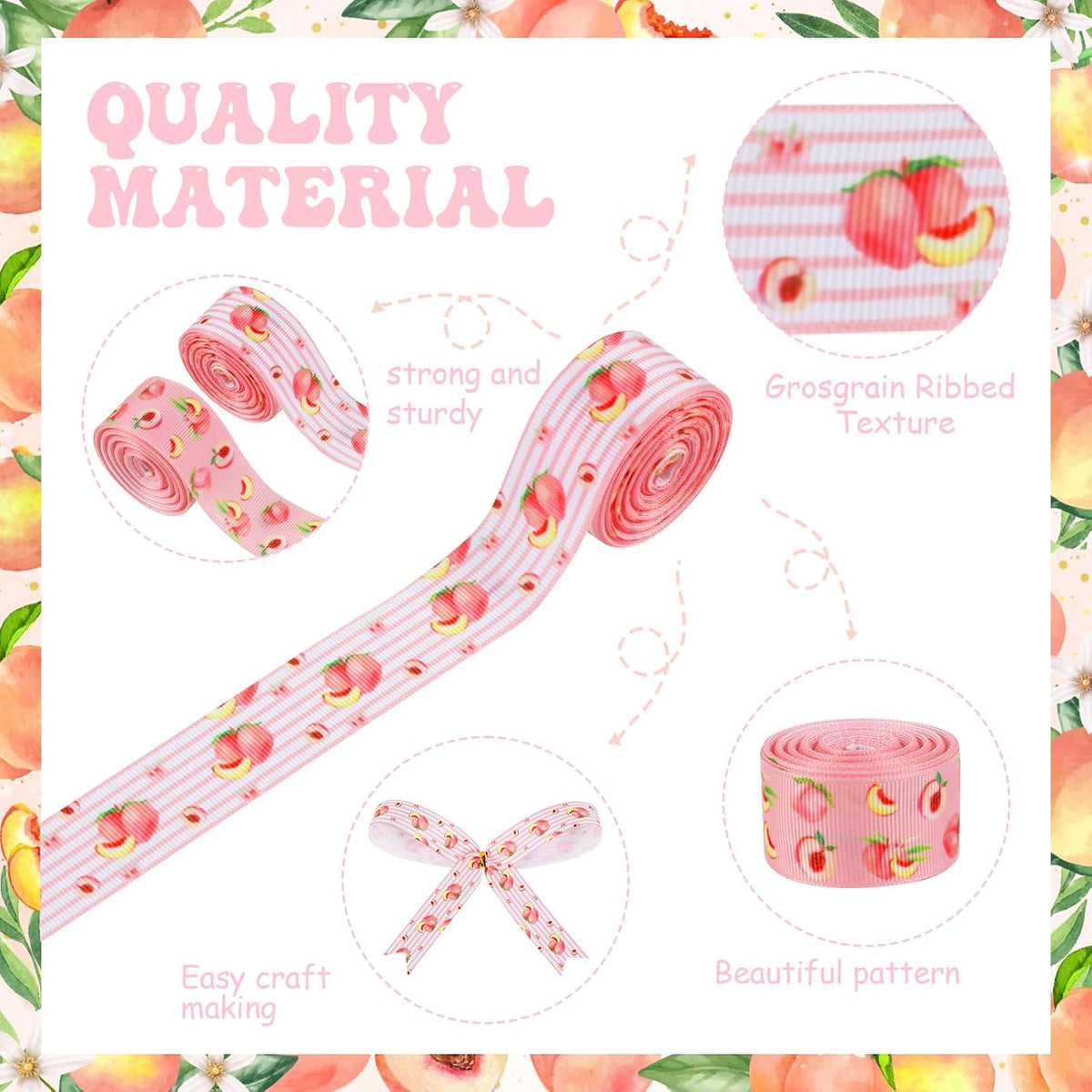 4 Rolls Peach Theme Grosgrain Ribbons, 20 Yards for Wreaths, Hair Bows, Gifts, Packaging, Fruit Themed Gender Reveal, Birthday, Wedding, Home Decor