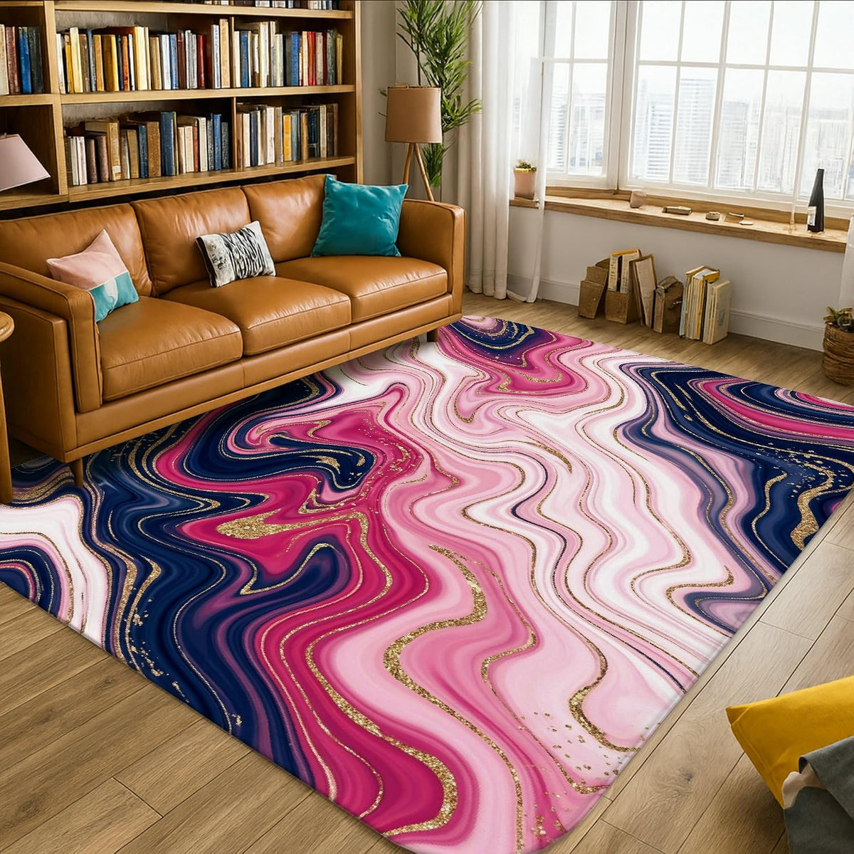 Swirls Area Rug, Modern Abstract Gold Accents Peach Waves None Peach Low Pile Sponge Home Indoor Pattern Carpets Non Shedding Rugs for Living Room Bedroom Classroom College Dorm Decor 5' X 7'