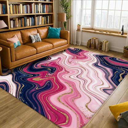 Swirls Area Rug, Modern Abstract Gold Accents Peach Waves None Peach Low Pile Sponge Home Indoor Pattern Carpets Non Shedding Rugs for Living Room Bedroom Classroom College Dorm Decor 5' X 7'